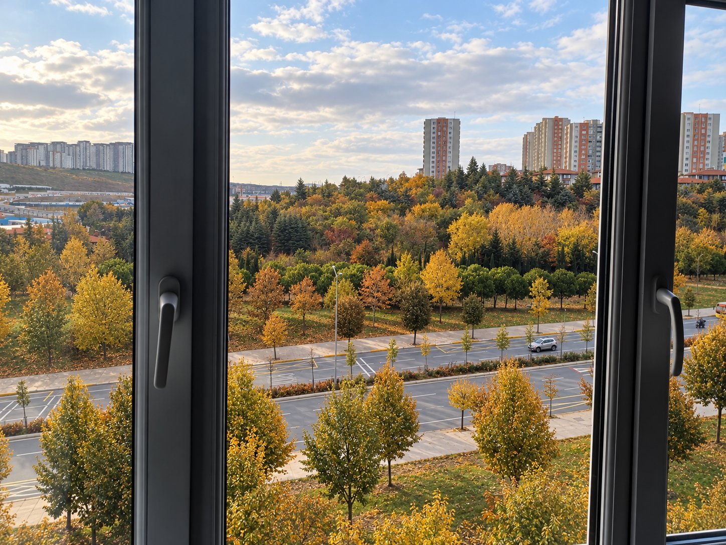Autumn trees in a park, viewed through the author's apartment window.
