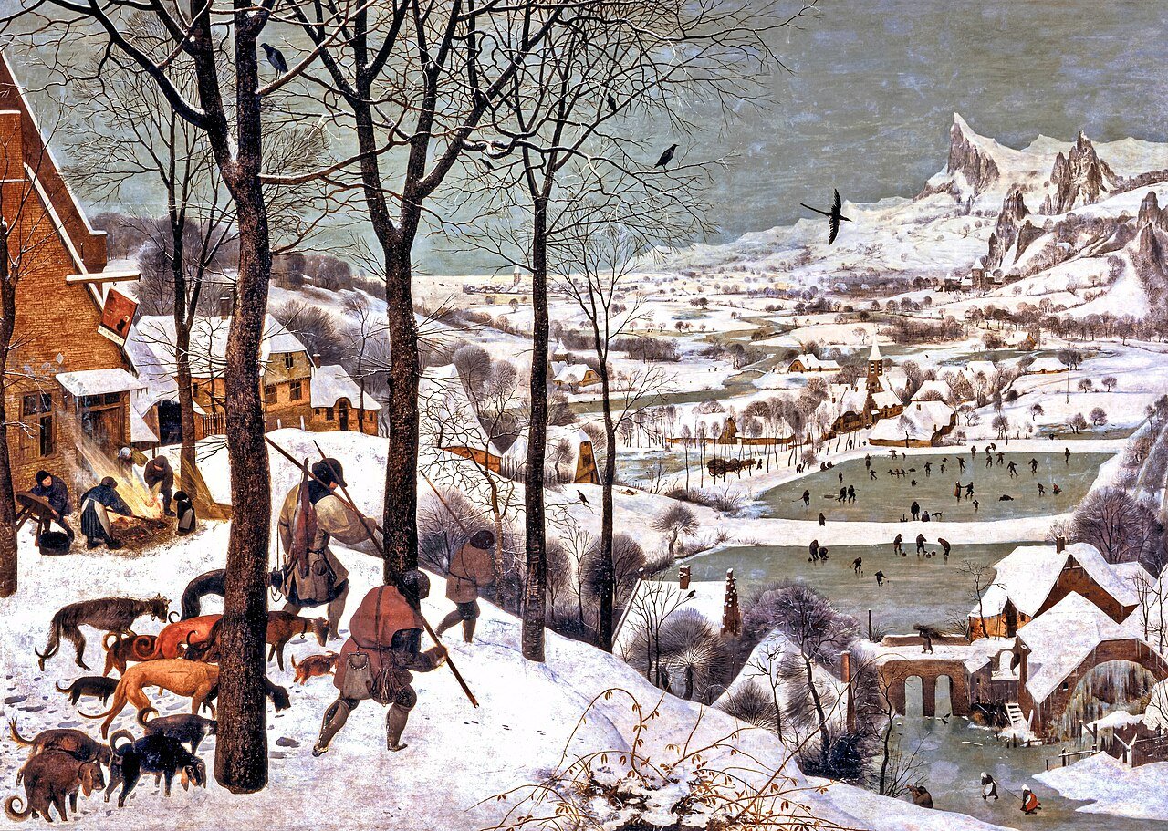 Snow-covered village and returning hunters in Pieter Bruegel's winter landscape.