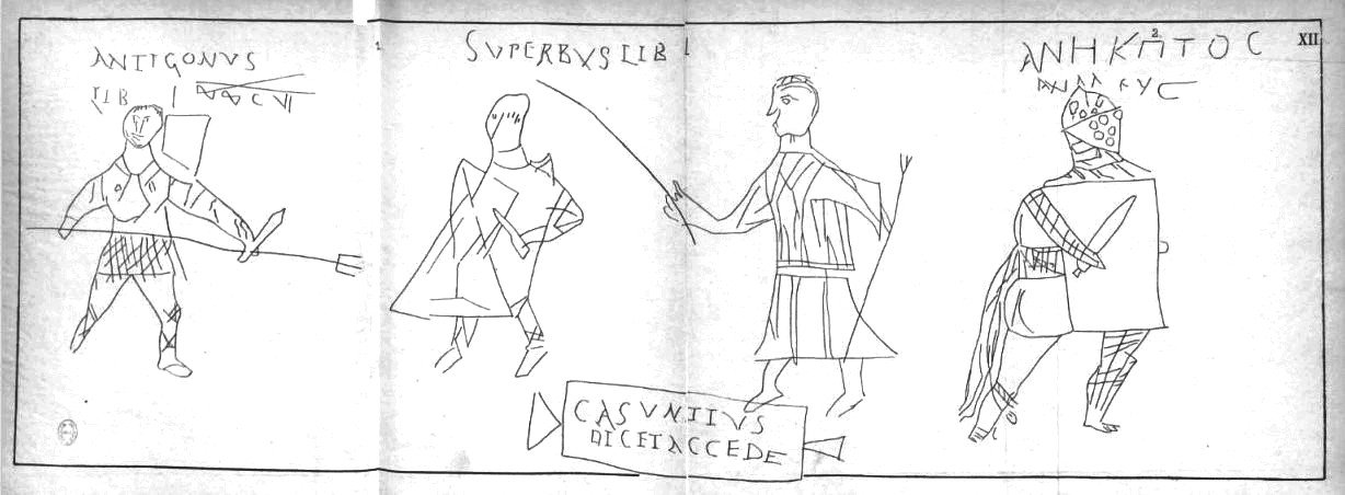 Drawings of inscriptions and gladiator graffiti recorded at Pompeii in the nineteenth century.